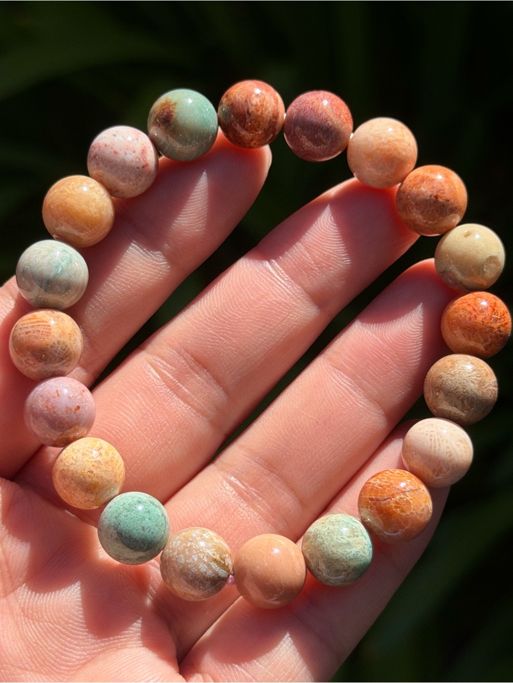 10mm Multicolor Natural Coral Jade Beaded Stretch Bracelet 1888